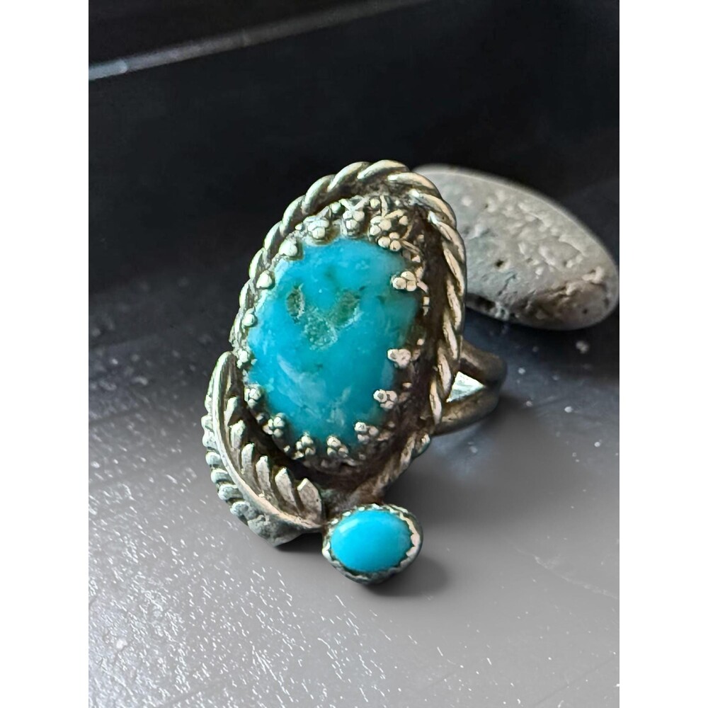 Vintage Southwestern Sterling Silver Feather Turquoise Boho Statement Ring Sz 6
